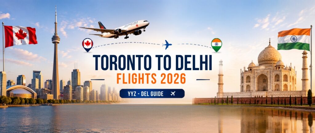 Toronto to Delhi Flights 2026 showing a direct YYZ to DEL route, airplane flying from Toronto toward Delhi, flight fares, airlines, and travel information.