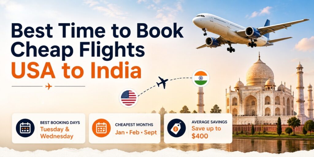 Best time to book cheap flights from USA to India in 2026 featuring airplane and Taj Mahal travel banner