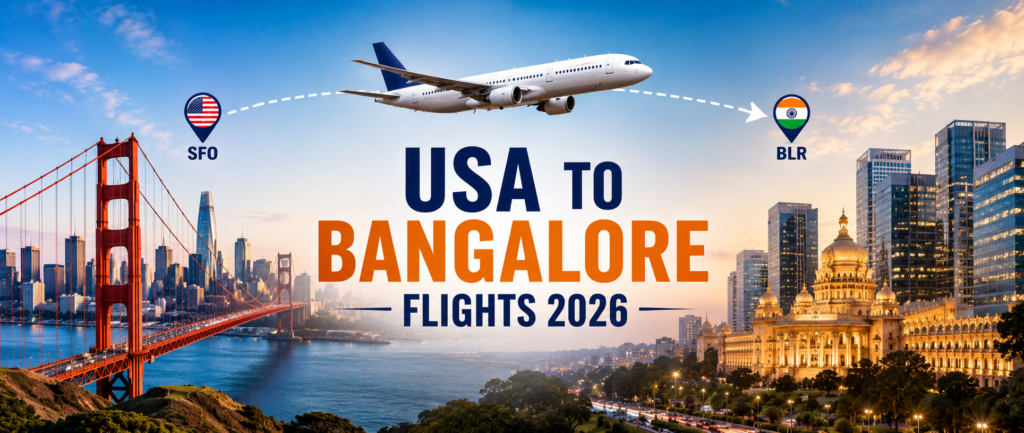 USA to Bangalore Flights 2026 banner showing a nonstop SFO to BLR flight route, an aeroplane flying from San Francisco to Bengaluru