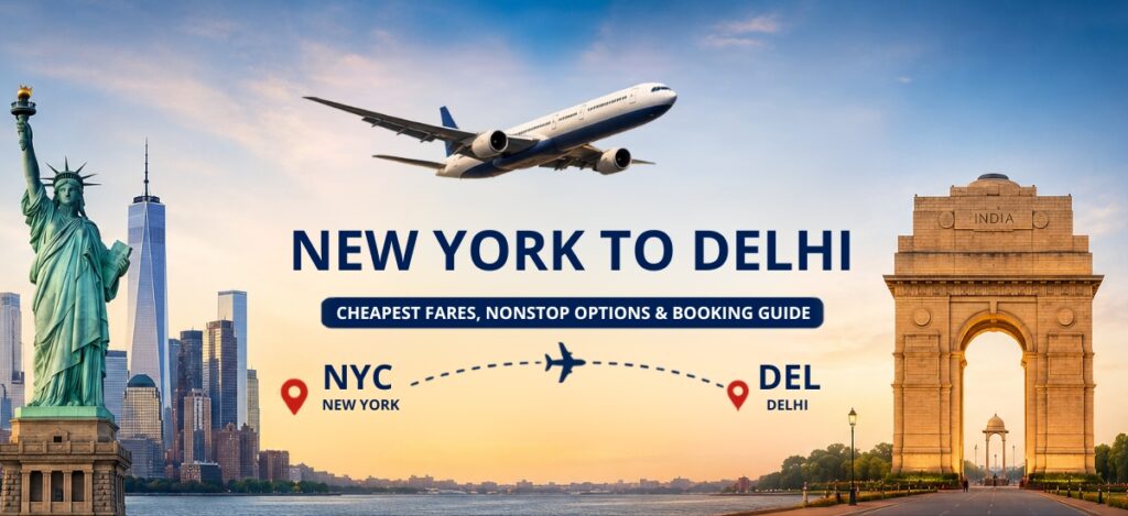 New York to Delhi flights 2026 guide featuring NYC to DEL flight route, nonstop flights from JFK and EWR, airfare savings tips, booking window recommendations, and flight duration information.