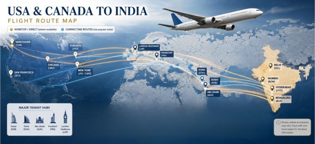 USA and Canada to India flight route map showing major departure cities, transit hubs, and destination airports with international flight connections.