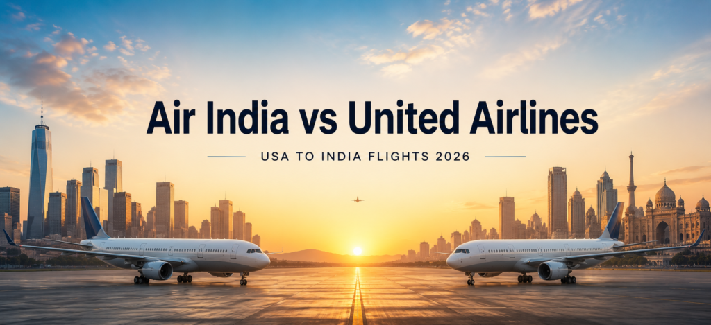 Air India vs United Airlines comparison for USA to India flights in 2026, featuring two commercial aircraft on an airport runway with USA and Indian skylines in the background.