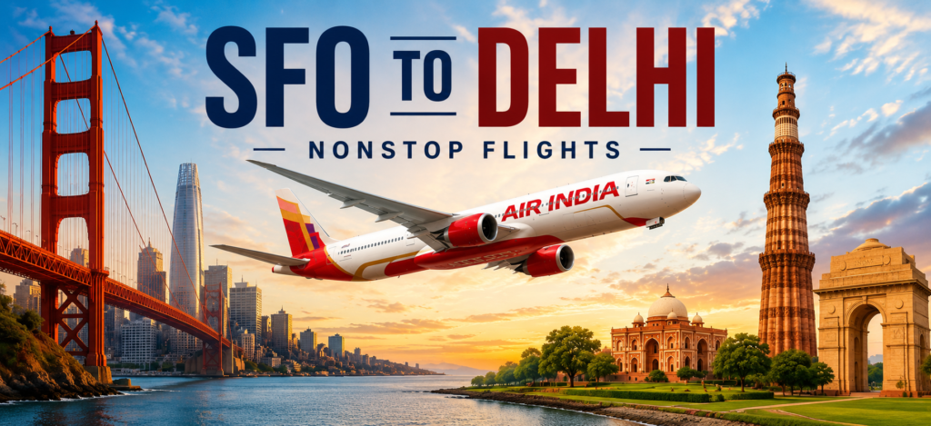 SFO to Delhi nonstop flights with Air India aircraft flying between San Francisco and Delhi