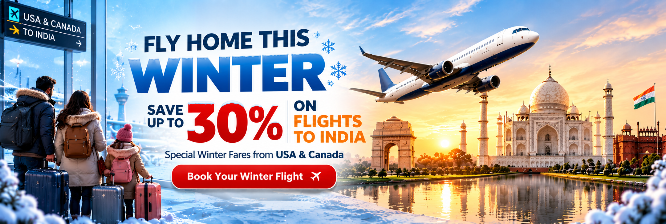 Fly Home This Winter banner offering up to 30% off flights to India from USA and Canada