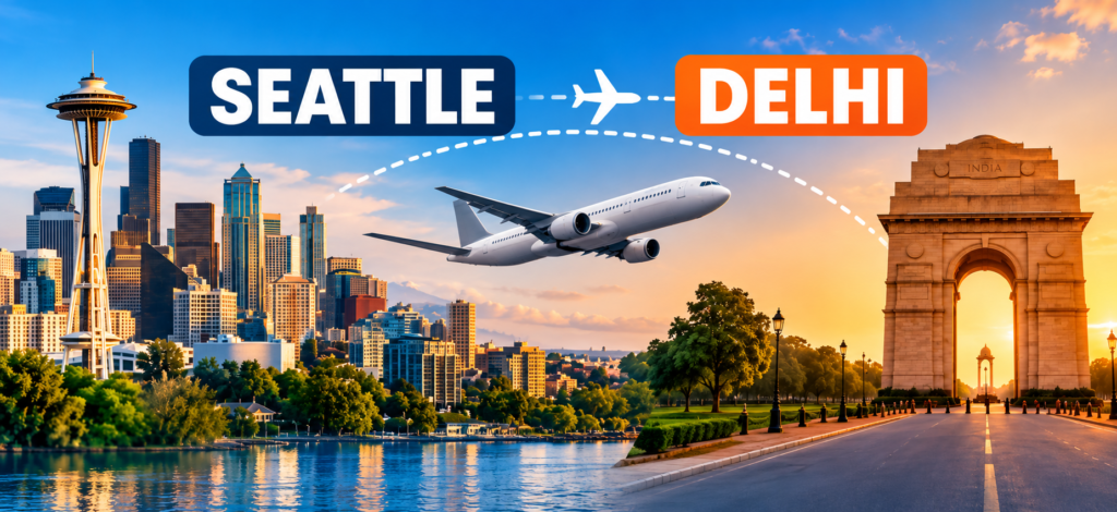 Seattle to Delhi flights route with airplane, Seattle skyline and Delhi India Gate